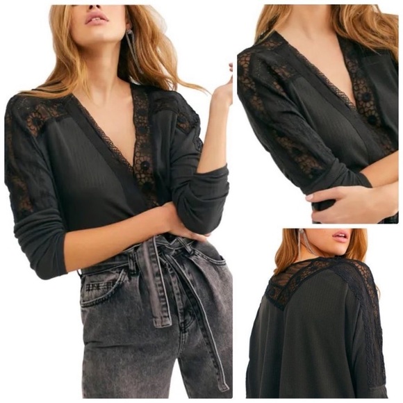 Free People Tops - Free People Medium Lola Lace Trim Top Washed Black
